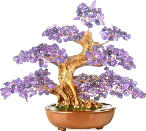 Árbol de la vida de cristal de amatista, árbol bonsái hecho a mano con piedras naturales (360 cuentas grandes), curación de chakras para energía