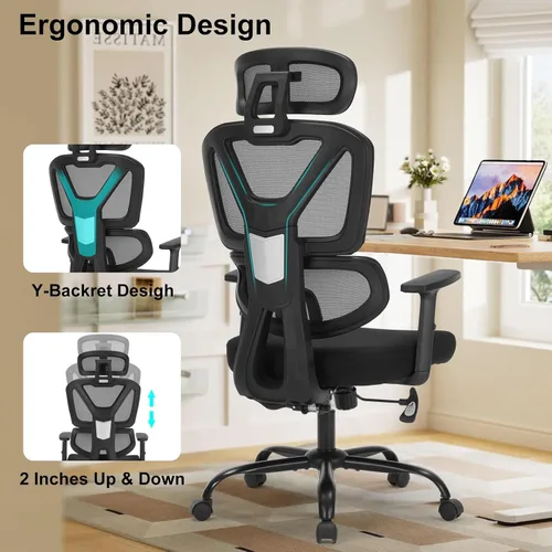 Miniatura 4 de Silla de oficina ergonómica, silla de escritorio ejecutiva de malla con respaldo alto con altura ajustable y reposabrazos ajustables, soporte