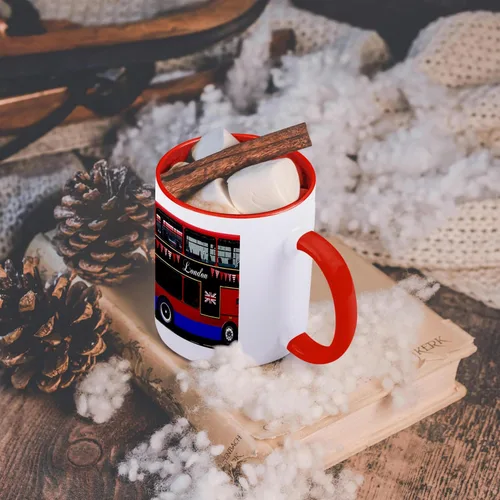 Miniatura 6 de 3dRose London Double Decker Red Bus con banderines y bandera - Reino Unido Gran Bretaña Reino Unido Recuerdo de viaje 11oz Taza roja de dos tonos