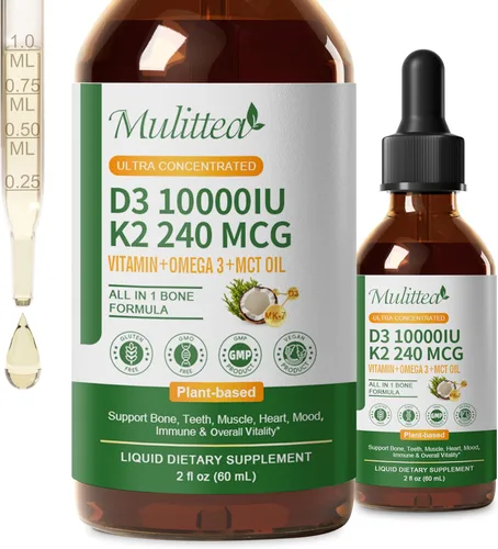Paquete de 2 líquido orgánico de vitamina D3 K2 con omega-3 vegano y aceite MCT de coco, 10000 UI, suplemento de vitamina D de máxima potencia, sin