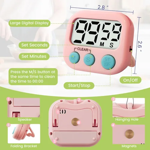 Miniatura 2 de Temporizador digital de 2 piezas para niños, temporizador de cocina magnético de cuenta regresiva, temporizadores de alarma fuertes mejorados
