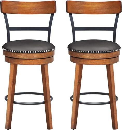 Miniatura 10 de COSTWAY Juego de 2 taburetes de bar, taburetes giratorios de 360 grados con asiento acolchado de cuero, respaldo de escalera de un solo listón