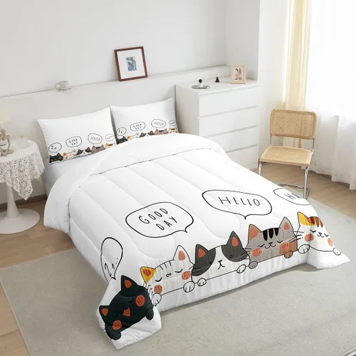 Miniatura 90 de Erosebridal Juego de ropa de cama para niños, tamaño individual, diseño de gatos de dibujos animados, para niñas, niños y adolescentes, edredón