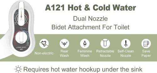 Miniatura 2 de APURE BIDET A121 - Accesorio de bidé de agua caliente y fría para asiento de inodoro - Doble boquilla - Lavado trasero y femenino - Autolimpieza