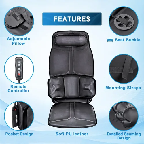 Miniatura 6 de Cojín de masaje de espalda con compresa, asiento de vibración, 3 modos y 3 intensidades masaje de espalda y cuello para aliviar el estrés