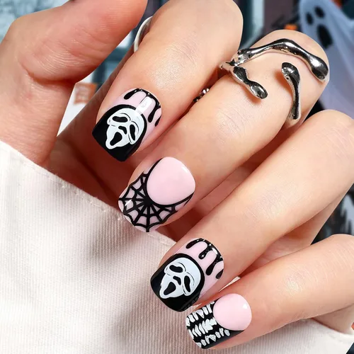 Miniatura 7 de Artquee Uñas postizas a presión de Halloween, paquete de 4 96 piezas, puntas postizas ovaladas cuadradas cortas con diseños de fantasma, llama