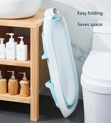 Miniatura 3 de Bañera plegable para bebé con alfombrilla de baño suave y pantalla de temperatura del agua en tiempo real, color azul