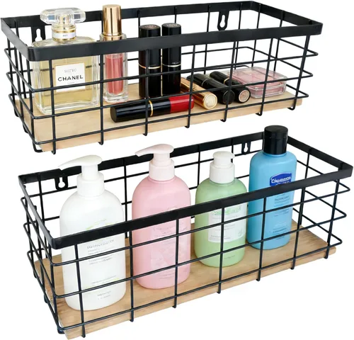 Miniatura 5 de ShabbyDecor Cesta de alambre de metal, base de madera desmontable, organizador de almacenamiento, cesta colgante para armarios de cocina, baño, Negro