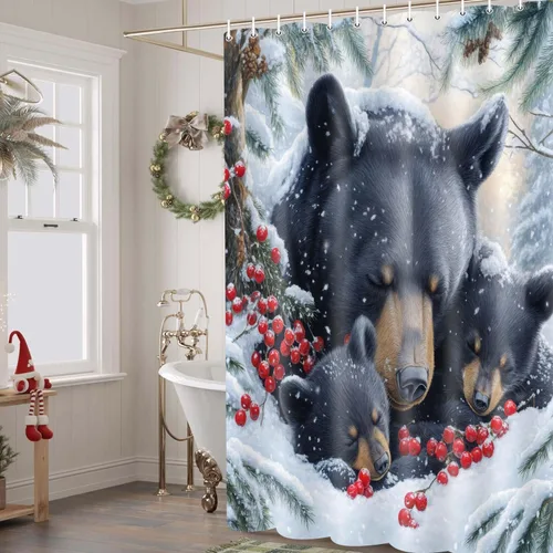 Miniatura 8 de Wathon Cortina de Ducha de Oso Negro de Invierno Escena Nevada Cortina de Baño con Osos Abrazándose Rodeados de Nieve y Bayas Rojas, Decoración