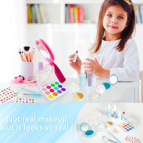 Miniatura 4 de Kit de maquillaje de simulación para niñas, 15 piezas, azul Juguetes cosméticos falsos, para edades de 3, 4, 5, 6, 3-6 años, regalos de cumpleaños
