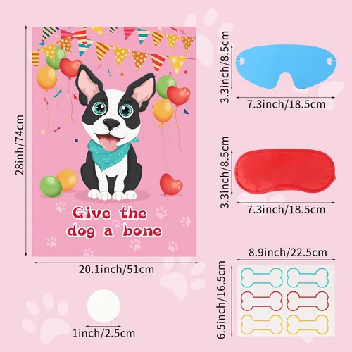 Miniatura 3 de Fowecelt Juego de fiesta Pin The Bone on The Dog con 48 piezas de hueso, vendas de ojos, póster y adhesivos para suministros de fiesta de cumpleaños