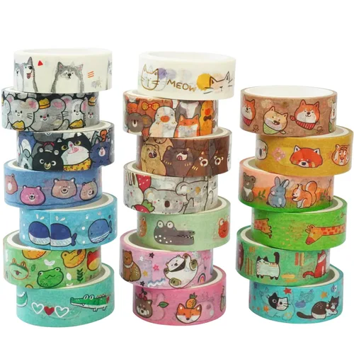 YUBBAEX 20 Rollos de Cinta Washi de Animales Lindos Lámina Dorada y Plateada Enmascarar Cintas Decorativas de Mascotas de Dibujos Animados
