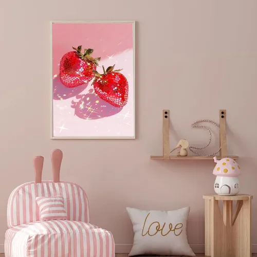 Miniatura 6 de RYMILIE Kits de pintura artística de diamante rosa para adultos, pintura de puntos de diamante de fresa para principiantes, pintura redonda 5D