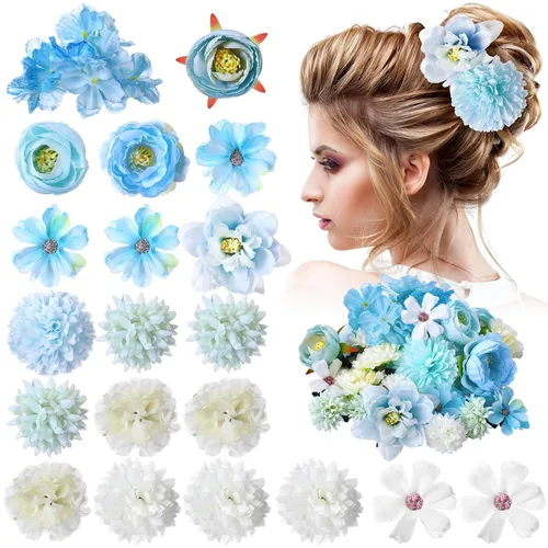 Miniatura 23 de BBTO 21 piezas pinzas para el pelo con diseño de flores, pasadores para el cabello con rosas, diademas para mujer, accesorios de flores, estilo Azul