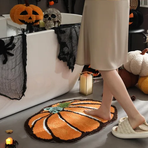 Miniatura 2 de YRXRUS Tapetes de baño con diseño de calabaza de Halloween, con forma de calabaza, lavable a máquina, alfombra naranja para sala de estar