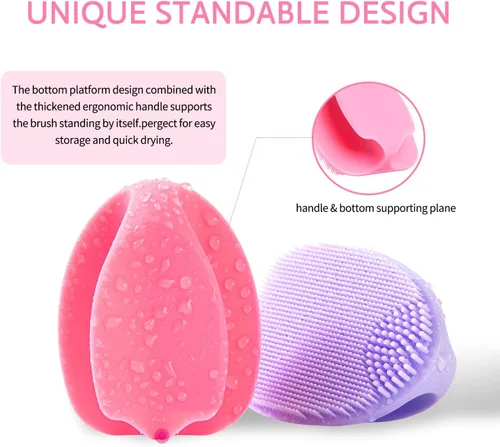 Miniatura 4 de REVEX Limpiador facial, 2 cepillos de silicona para exfoliantes faciales, cepillo de limpieza facial manual para pieles sensibles (rosa + morado)