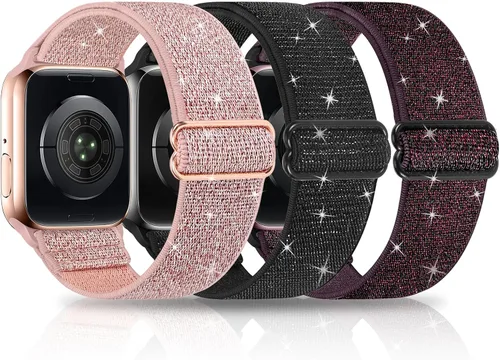 Miniatura 10 de Paquete de 3 bandas elásticas brillantes compatibles con Apple Watch Band de 1.99 pulgadas, 1.49 pulgadas, 1.57 pulgadas, 1.57 pulgadas, 1.61