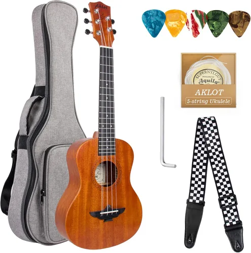 AKLOT Ukelele tenor de 5 cuerdas, ukelele tenor de 26 pulgadas, color caoba maciza, ukelele con bolsa de concierto, cinturón, cuerdas adicionales,
