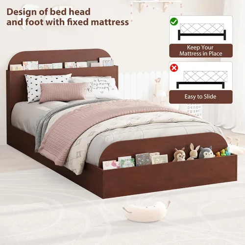Miniatura 4 de Estructura de cama Garvee tamaño individual con cabecero y estribo – Cama de plataforma baja para niños, diseño de piso doble de madera, sin ruido