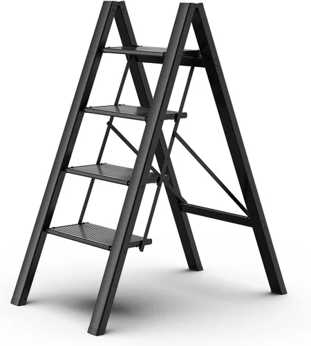 Miniatura 13 de Escalera de 2 escalones, taburete plegable de aluminio de 2 escalones con pedal antideslizante resistente y ancho, escalera portátil ligera para uso