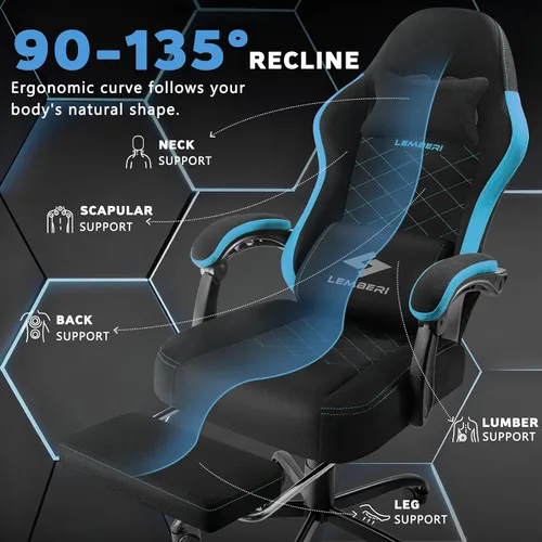 Miniatura 5 de LEMBERI Silla para videojuegos, sillas de videojuegos grandes y altas de tela con reposapiés, soporte lumbar de masaje, silla ergonómica