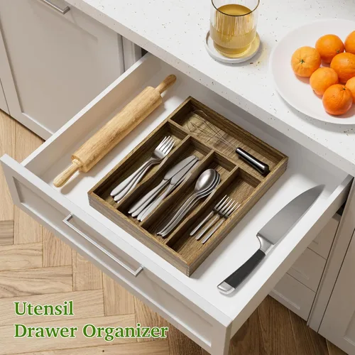 Miniatura 3 de Kiasthome Organizador de Cajón de Cubiertos de Madera de Acacia, Organizador de Cajón de Utensilios de Cocina con Divisores Ranurados, Organizador