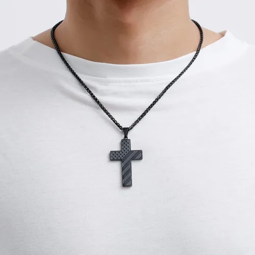 Miniatura 2 de DuoDiner Collar de cruz de 18+2 pulgadas, versículo de la Biblia, cadena colgante de bandera estadounidense de acero inoxidable para hombre, regalo