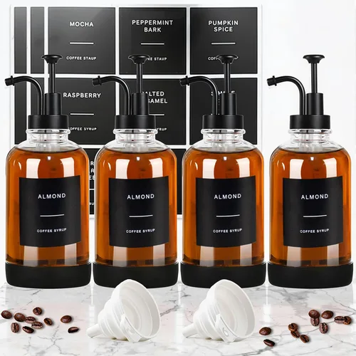 Dispensador de jarabe de café para barra de café, juego de 4 dispensadores de jarabe de vidrio antideslizante con etiquetas y funda de silicona,