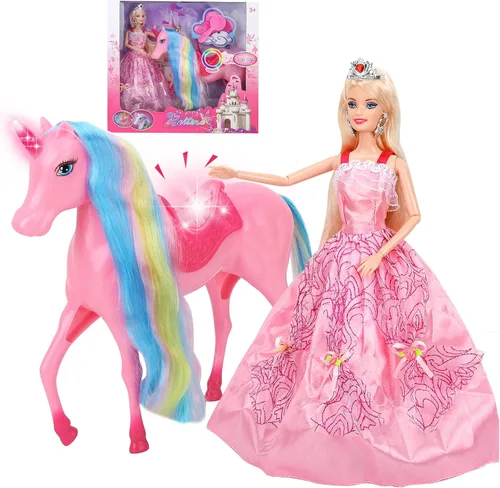 BETTINA Juego de muñecas de princesa unicornio, juguetes de unicornio con luz mágica para niñas, juguetes de caballo con crin y cola, juguete de