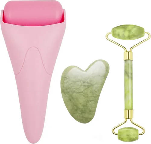 Miniatura 11 de Rodillo de jade de hielo facial 3 en 1 y herramienta Gua Sha, 100% natural de jade real, antiarrugas, herramienta masajeadora de cuello