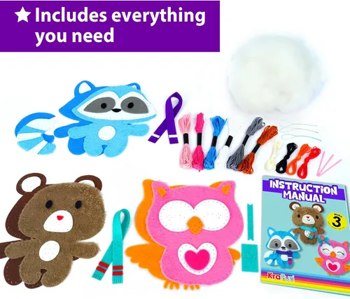Miniatura 6 de KRAFUN Kit de costura para niños de 7, 8, 9, 10, 11, 12 años, principiante, My First Art & Craft, incluye 3 muñecas de animales de peluche, mapache