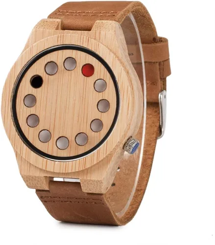 Miniatura 10 de BOBO BIRD Reloj de madera de bambú para hombre con correa de cuero de vaca negra, 12 agujeros, diseño temporizador, relojes deportivos casuales