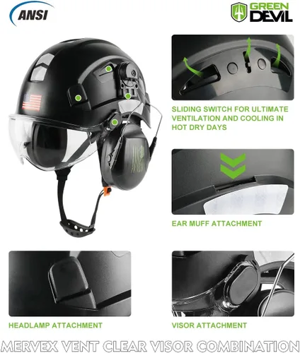 Miniatura 3 de Casco de seguridad con visera y protección para los oídos, ajustable, ligero, ventilado, ABS, casco de trabajo para hombres y mujeres, suspensión