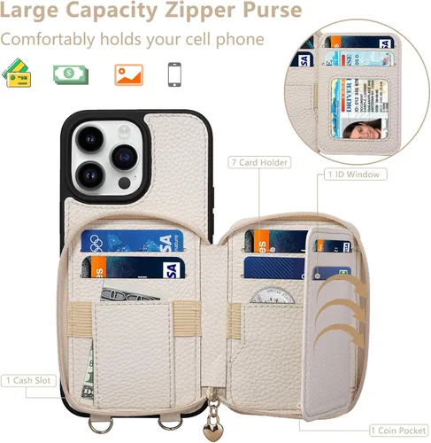Miniatura 2 de Funda compatible con iPhone 15 Pro Max de 6.7 pulgadas, cremallera cruzada con ranuras para tarjetas de bloqueo RFID, soporte, cordón y correa