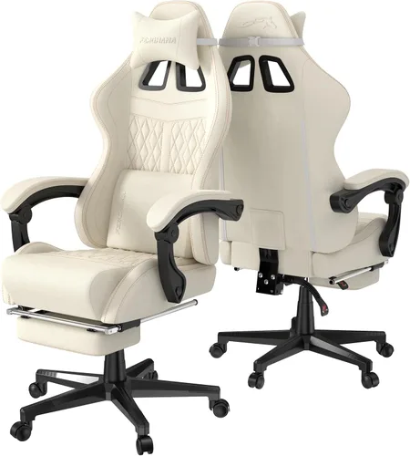 Miniatura 9 de Ferghana Silla vintage de piel sintética para juegos, masaje de respaldo alto, silla ergonómica de oficina para computadora con reposapiés, asiento