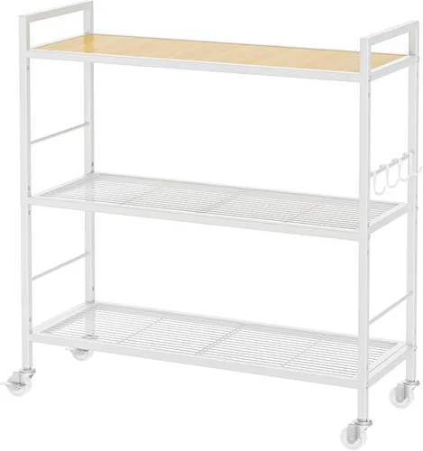 Miniatura 12 de Estante de almacenamiento de metal de 3 niveles con ruedas industriales, estantería de malla con mesa de madera, estante ajustable, 23.6 pulgadas