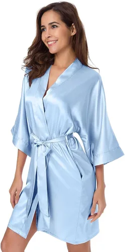 Miniatura 4 de SIORO - Albornoz de satén para mujer, sedoso kimono, para novia, damas de honor, boda, fiesta, salón, corto, XS-XXL