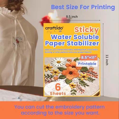 Miniatura 2 de craftido 8.5"x11" 6 piezas de estabilizador de bordado adhesivo soluble en agua con papel soluble imprimible de peso medio Permitido para imprimir