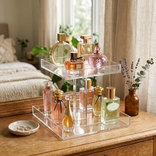 Miniatura 3 de NIUBEE Organizador de almacenamiento de cosméticos de baño acrílico de 2 niveles para tocador y encimera, bandeja de perfume de pie para decoración