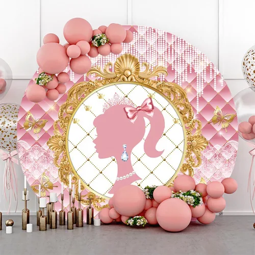 AOFOTO Telón de fondo redondo de princesa real de 3 x 3 pies, lindo fondo de fotografía de cuero de lujo rosa y dorado para recién nacido, baby