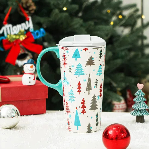 Miniatura 3 de Taza de café de cerámica de árbol de invierno de 17 onzas con tapa y caja de regalo, divertida taza de té de porcelana multicolor con leche, apta
