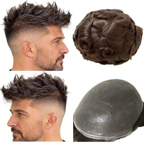 Miniatura 16 de N.L.W. Prótesis de cabello humano europeo para hombre, toupee para hombres con piel fina transparente PU 10x8 tamaño base piezas de cabello humano