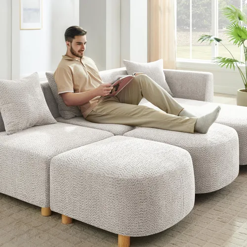 Miniatura 6 de VANOMi 279 cm Sofá modular seccional con 3 almohadas, cómodo sofá de chenilla en nube convertible de 5 plazas con reposapiés, sofás seccional
