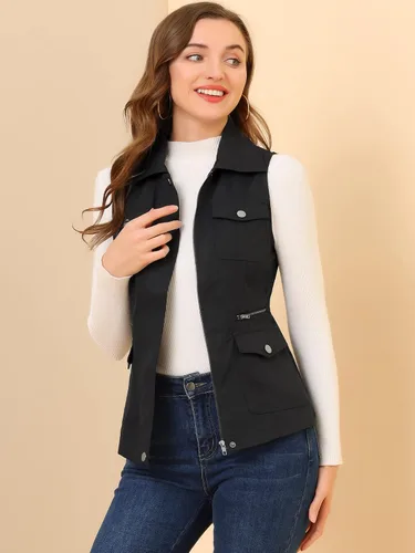 Miniatura 3 de Allegra K Chaqueta con cremallera y bolsillos para mujer, chaleco sin mangas tipo cargo
