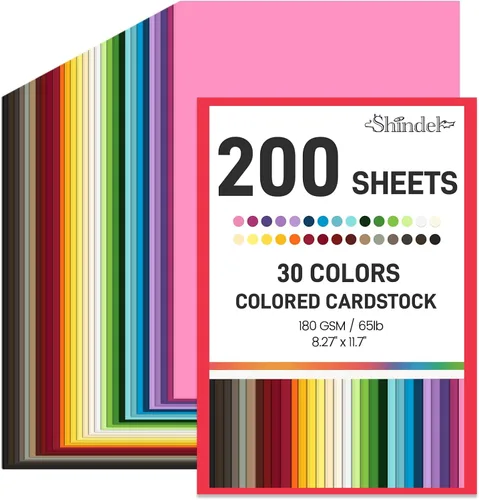 Shindel 200 hojas de papel de construcción de 8.27 x 11.7 pulgadas, cartulina de colores, 30 colores surtidos, papel de impresora para manualidades,
