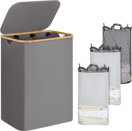Miniatura 10 de iEGrow - Canasta de lavandería de 150 litros con tapa - Gran canasta de lavandería con asas de bambú, color gris, cestas para lavandería, cesta