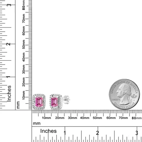 Miniatura 10 de Gem Stone King Aretes de plata de ley 925 con piedra natal Corte esmeralda de 0.315 x 0.236 in Aretes de halo para mujer