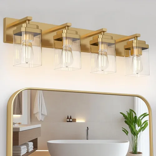 Miniatura 13 de Lámparas de baño de oro cepillado, 4 luces de baño sobre el espejo, diseño cuadrado y placa trasera grande rectangular, accesorios de iluminación