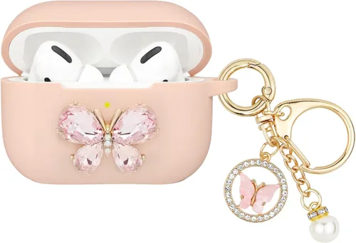 Wonhibo Funda para Airpods Pro, bonita funda de diseño de mariposa para Airpod Pro 2019 con llavero para mujeres y niñas (rosa)