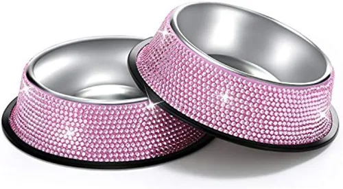 Miniatura 10 de SAVORI Cuencos pequeños para perros, hechos a mano con diamantes de imitación brillantes de acero inoxidable para mascotas, comedero doble de AB